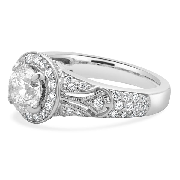 14 Karat White Gold Milgrain Round Diamond Engagement Ring
