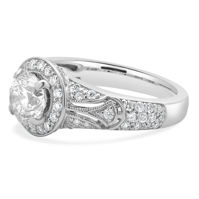 14 Karat White Gold Milgrain Round Diamond Engagement Ring