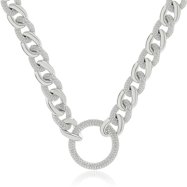 18 Karat White Gold Pave Diamond Cuban Link Necklace with Open Circle Centerpiece