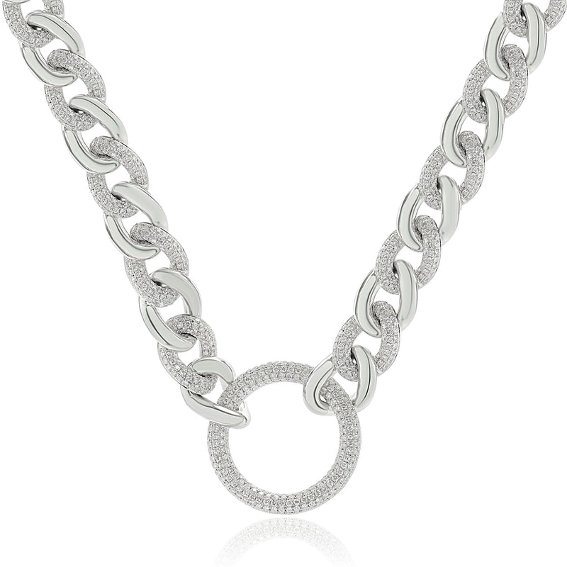 18 Karat White Gold Pave Diamond Cuban Link Necklace with Open Circle Centerpiece