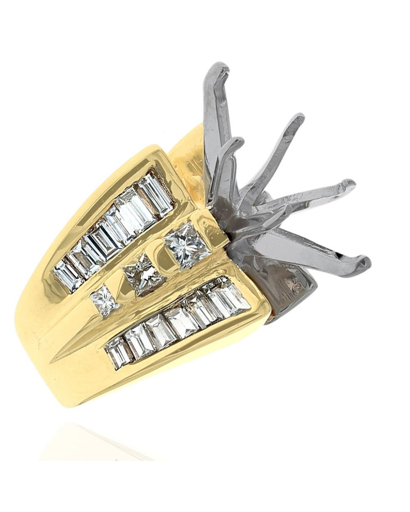 3 Row Princess Cut and Baguette Diamond Mounting in White and Yellow Gold