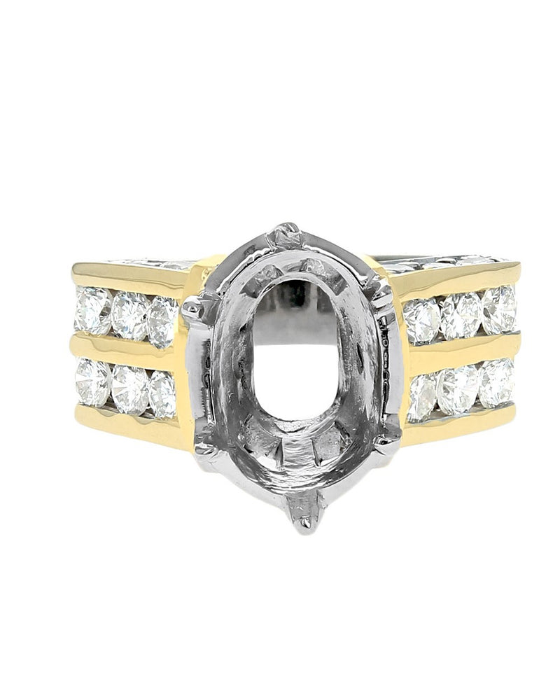 Oval Center Two Row Diamond Square Shank Mounting in White and Yellow Gold