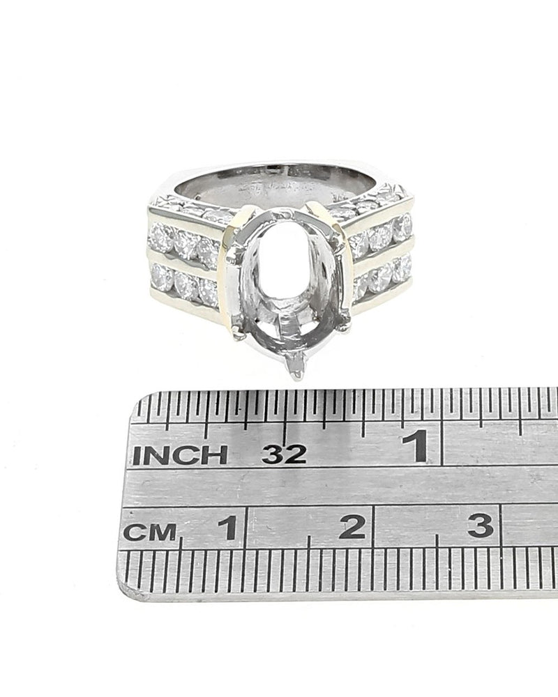 Oval Center Two Row Diamond Square Shank Mounting in White and Yellow Gold