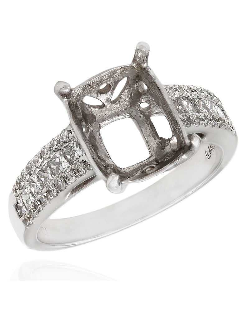 Three Row Princess and Round Diamond Mounting in 14K White Gold