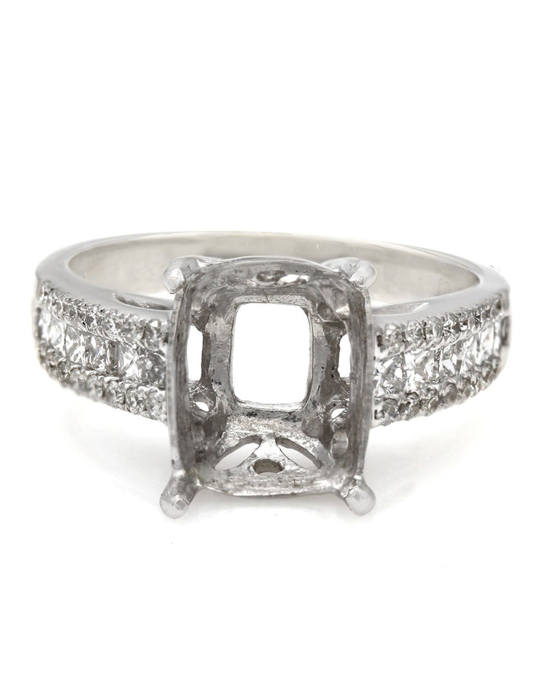 Three Row Princess and Round Diamond Mounting in 14K White Gold