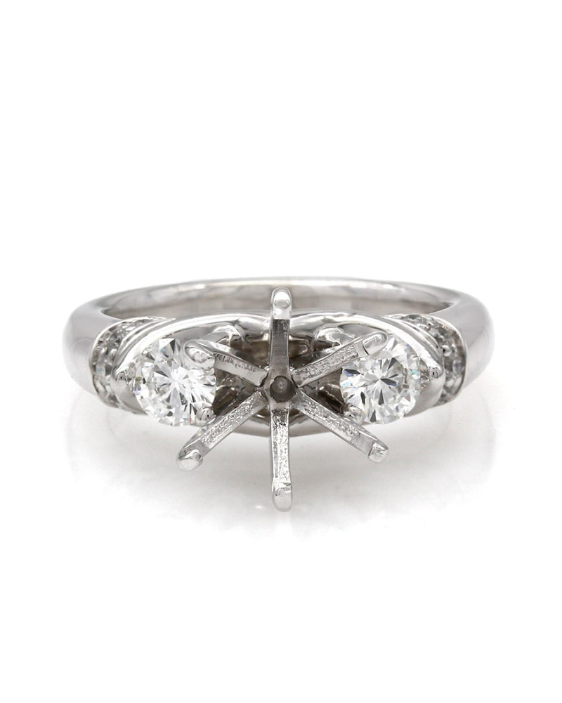 Three Stone, Round Diamond Accented Mounting in Platinum