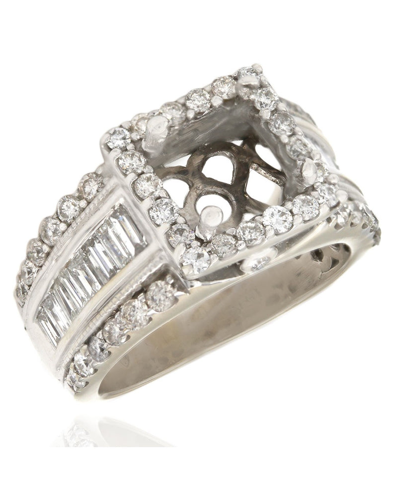 Three Row Round and Baguette Diamond Halo Mounting in 14k White Gold