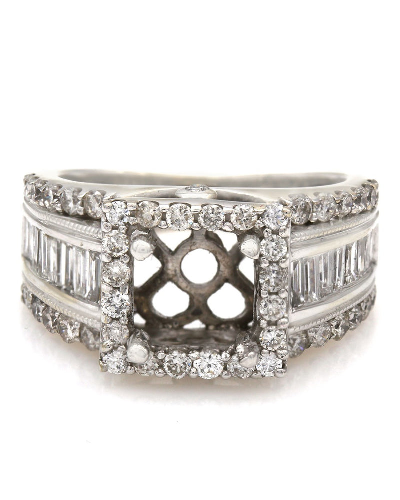 Three Row Round and Baguette Diamond Halo Mounting in 14k White Gold