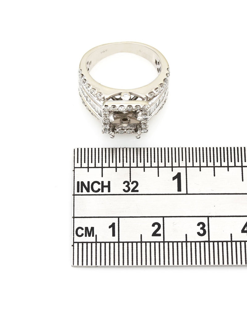 Three Row Round and Baguette Diamond Halo Mounting in 14k White Gold