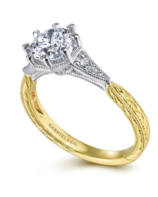 Gabriel & Co Vintage Style Diamond Mounting with Gold Engraving in Two-Tone 14k