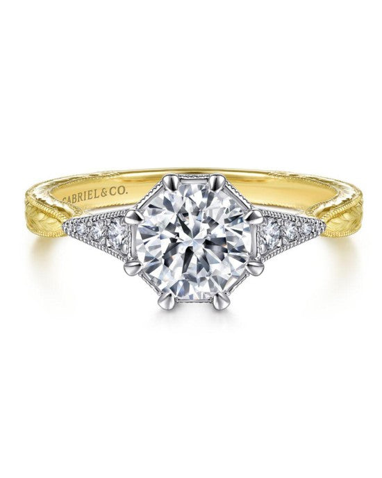 Gabriel & Co Vintage Style Diamond Mounting with Gold Engraving in Two-Tone 14k