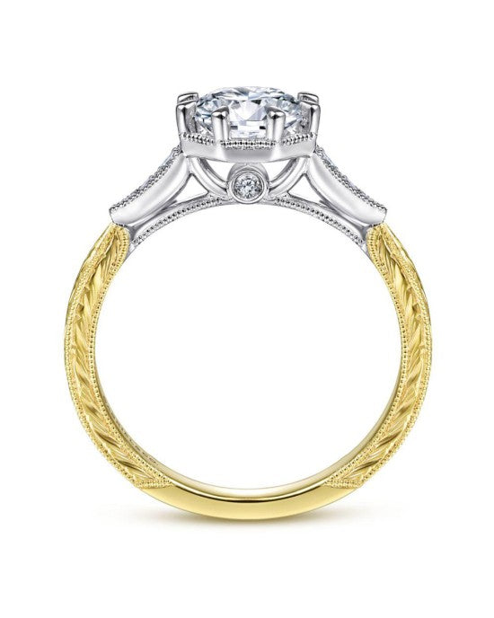 Gabriel & Co Vintage Style Diamond Mounting with Gold Engraving in Two-Tone 14k