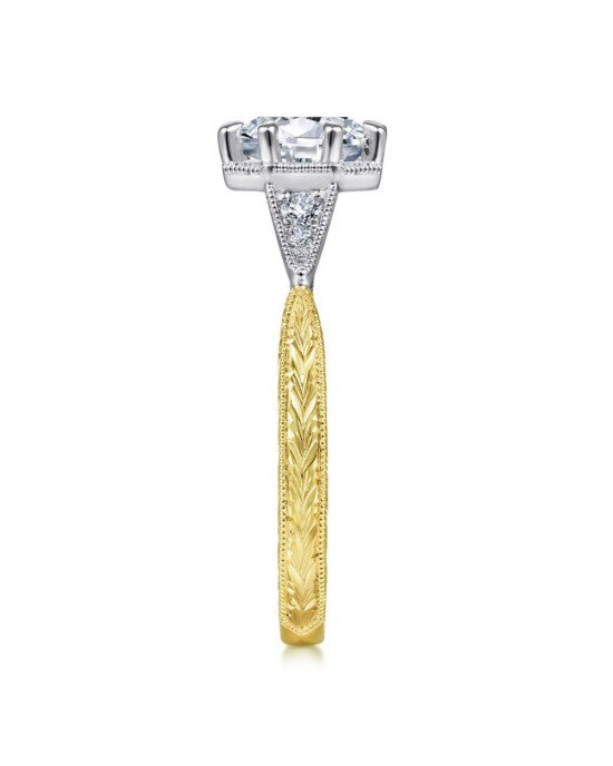 Gabriel & Co Vintage Style Diamond Mounting with Gold Engraving in Two-Tone 14k