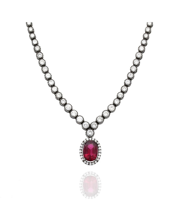 Diamond Inline Necklace with Diamond Halo and Rubellite Oval in 18k White Gold