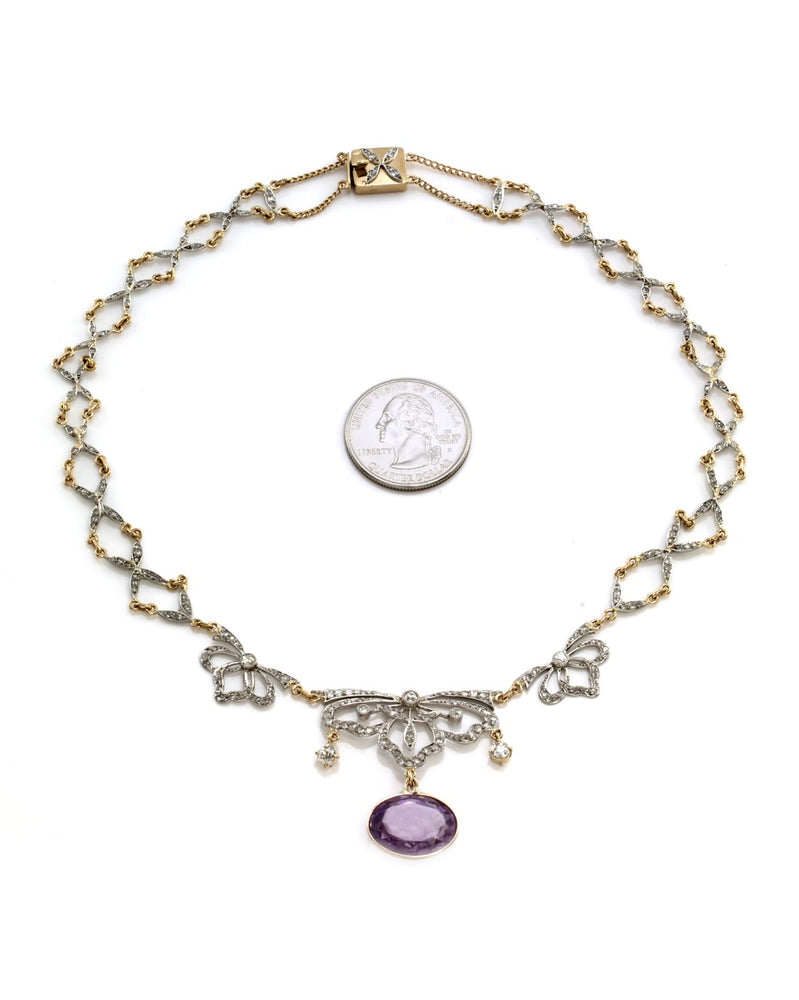 Amethyst and Diamond Drop Necklace in Platinum and Yellow Gold