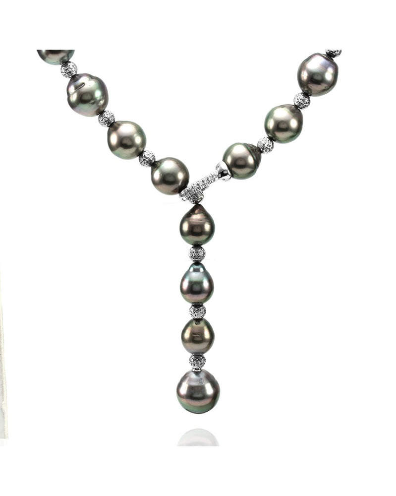 Tahitian Baroque Pearl Lariat Necklace with Diamond and Gold Clasp