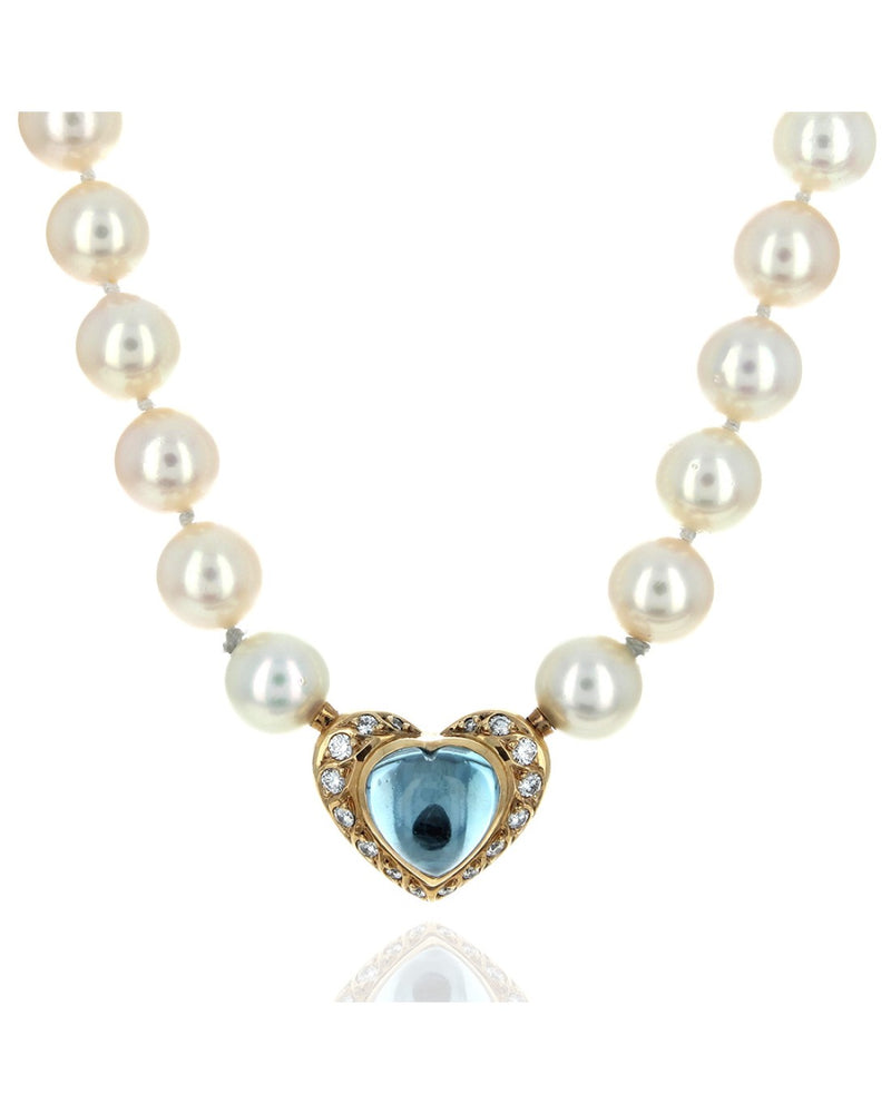 Akoya Pearl with Blue Topaz and Diamond Heart Necklace