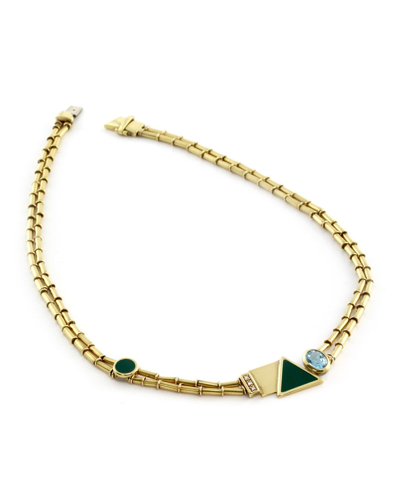 Manfredi Topaz, Diamond & Green Enamel Necklace in Yellow Gold