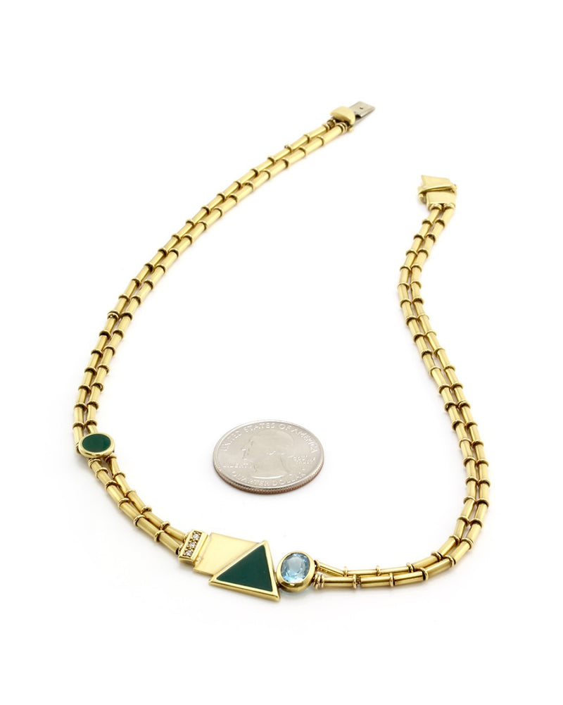 Manfredi Topaz, Diamond & Green Enamel Necklace in Yellow Gold