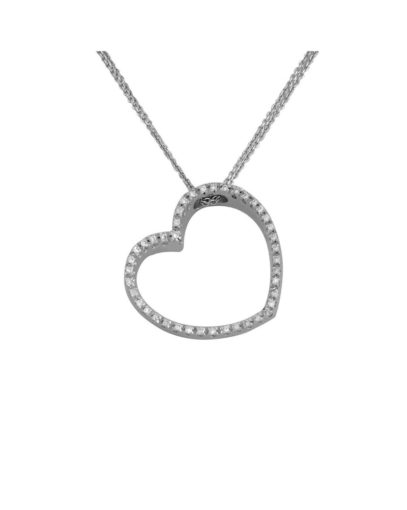 Pave Diamond Open Heart Pendant w/ Double Strand Chain in 18K White Gold