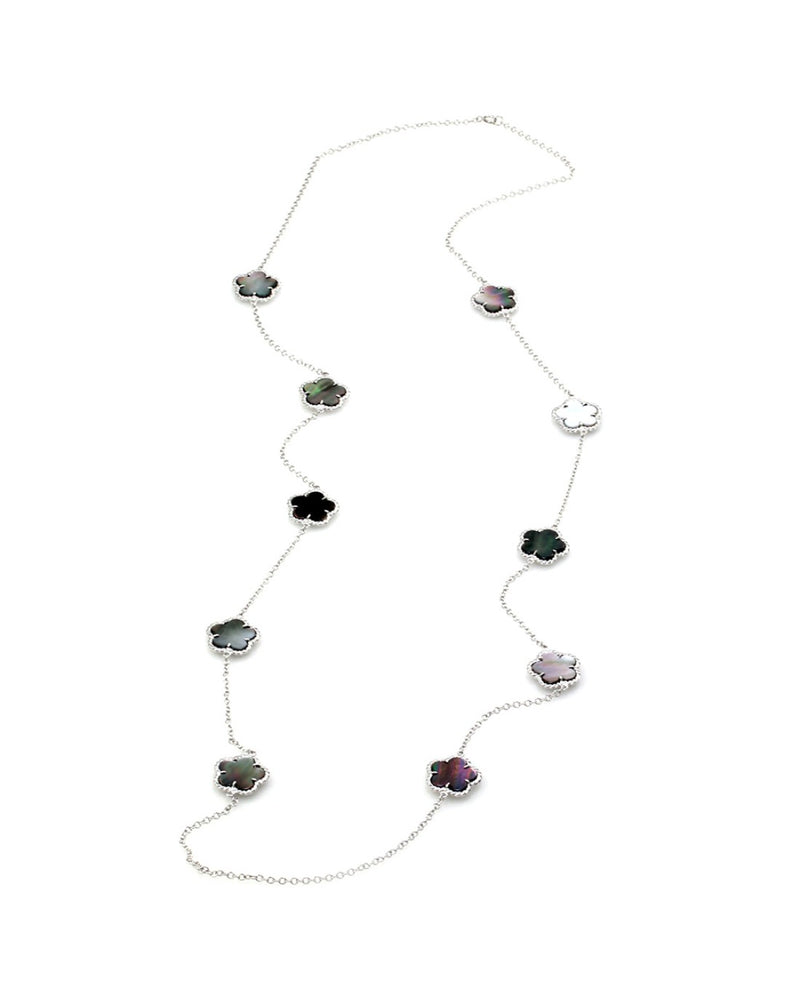 Black Mother of Pearl Station Necklace with Rope Details in 14K White Gold