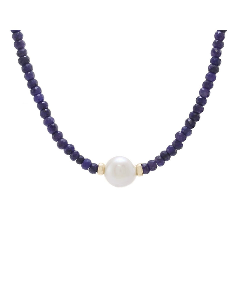 Faceted Sapphire Beaded Necklace w/ South Sea Pearl in 14K Yellow Gold