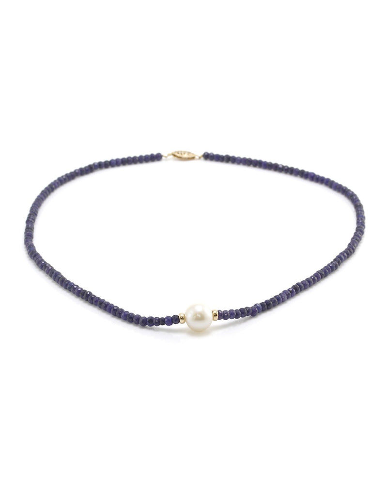 Faceted Sapphire Beaded Necklace w/ South Sea Pearl in 14K Yellow Gold