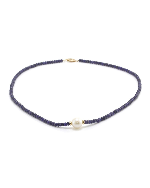 Faceted Sapphire Beaded Necklace w/ South Sea Pearl in 14K Yellow Gold