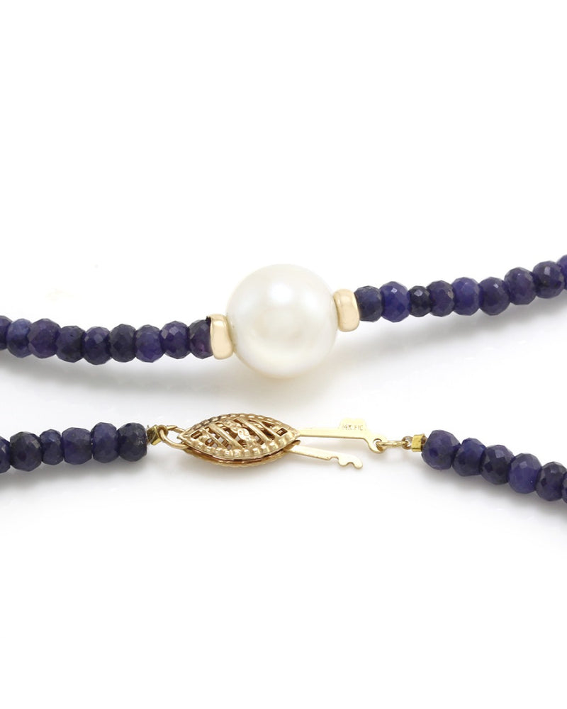 Faceted Sapphire Beaded Necklace w/ South Sea Pearl in 14K Yellow Gold