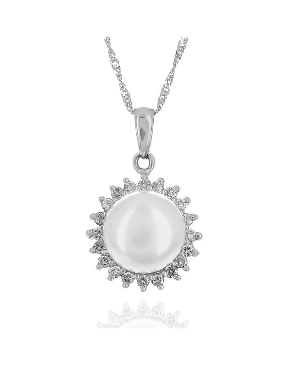 14kw White Pearl and Diamond Halo Drop Necklace