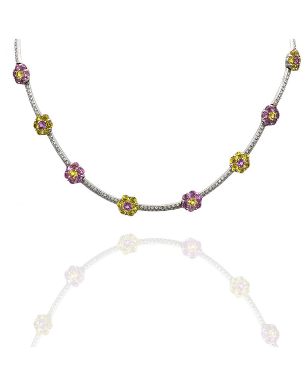 Pink and Yellow Sapphire Flower and Pave Diamond Flower Station Necklace