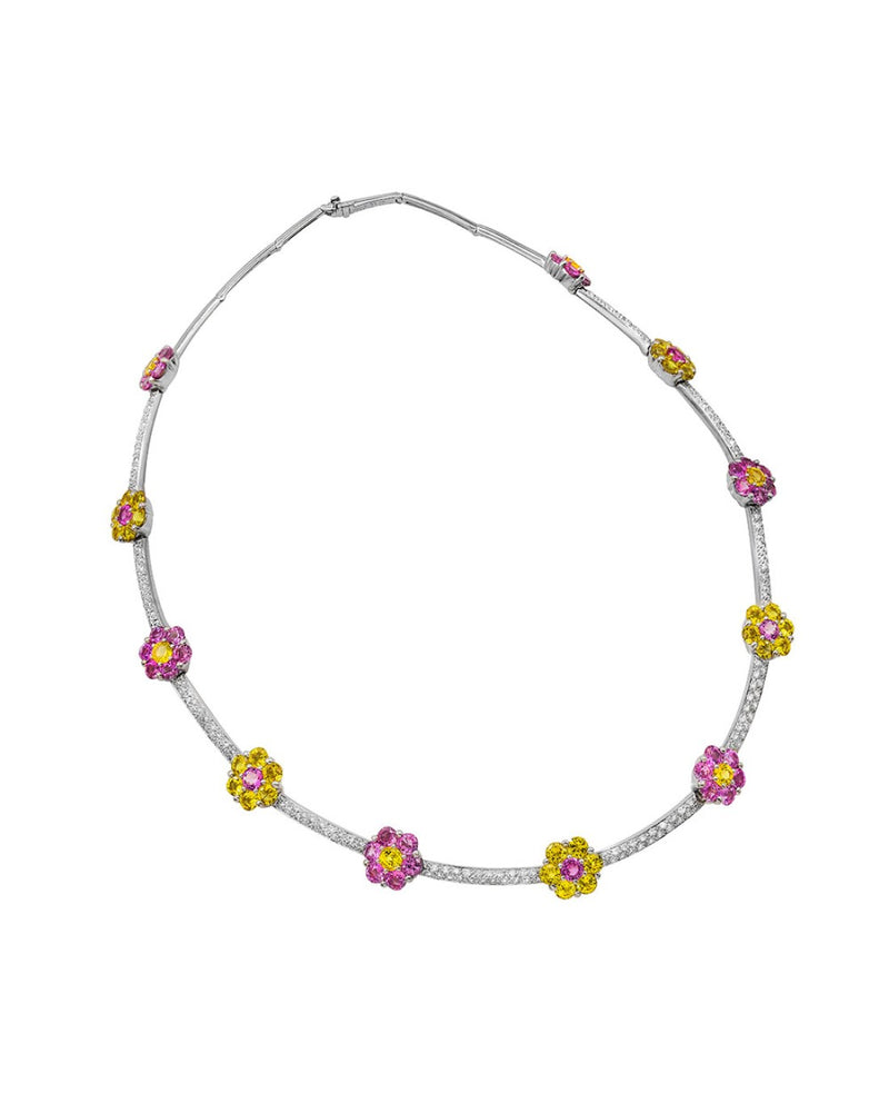 Pink and Yellow Sapphire Flower and Pave Diamond Flower Station Necklace