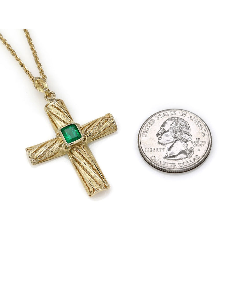 Emerald Solitaire Cross Necklace in Gold