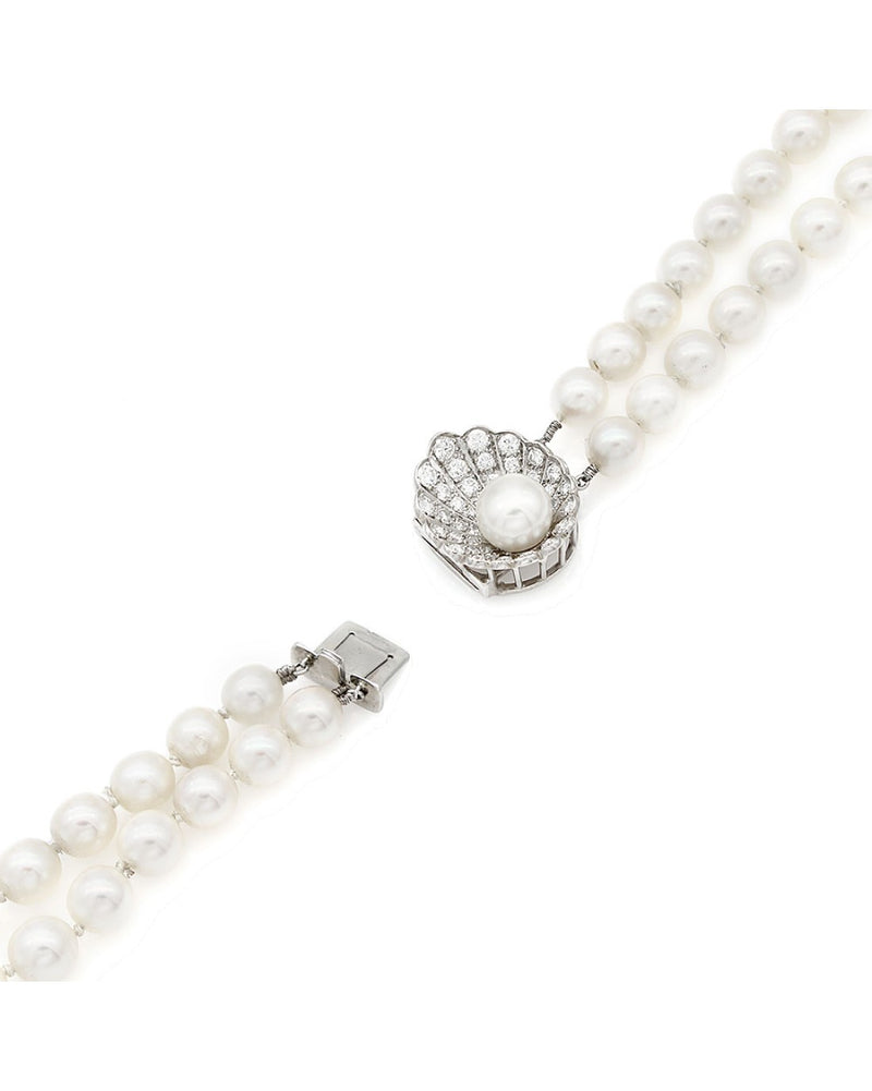 Double Strand Akoya Pearl Necklace with Diamond Shell Clasp