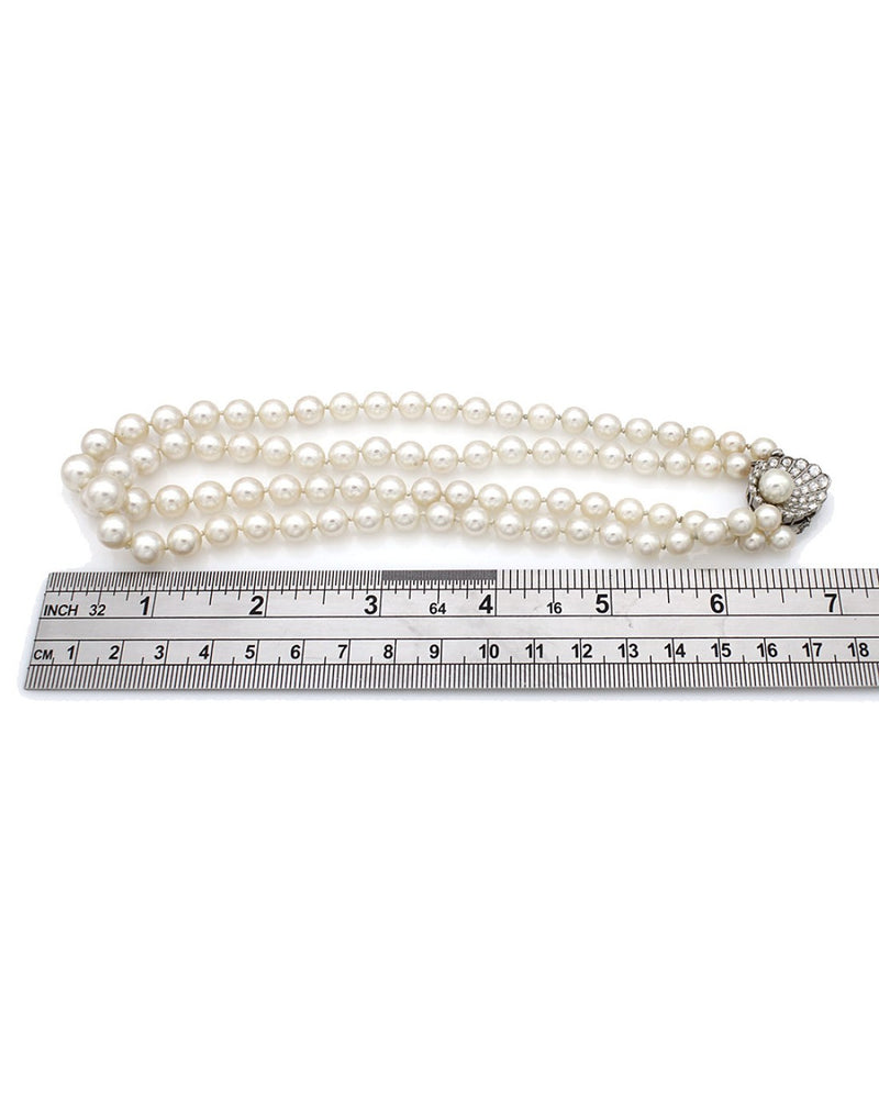 Double Strand Akoya Pearl Necklace with Diamond Shell Clasp