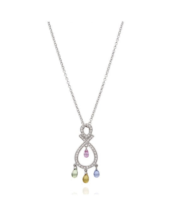 18KW Multi Color Sapphire Briolette and Diamond Drop Necklace