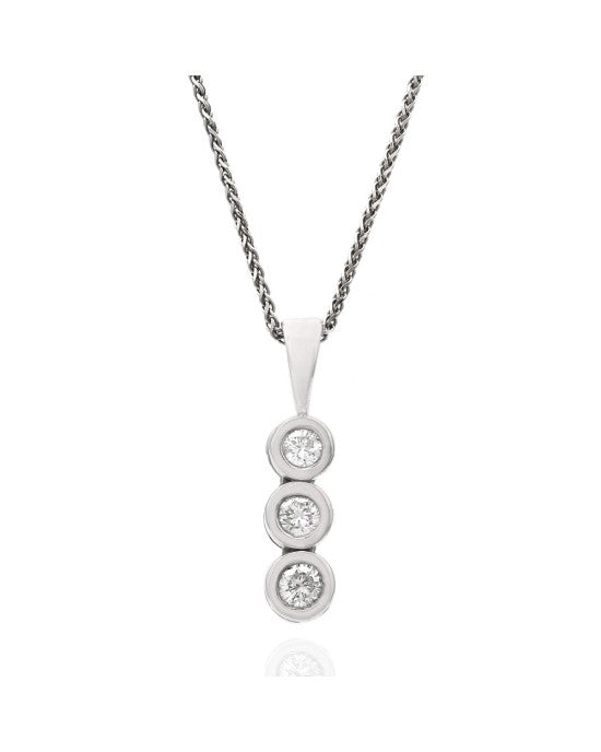 Vertical Three Stone Necklace with Bezel Set Round Diamonds in 14k White Gold