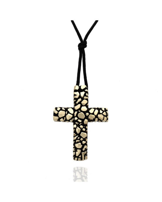 14KY Antiqued Nugget Style Cross on Cord Necklace