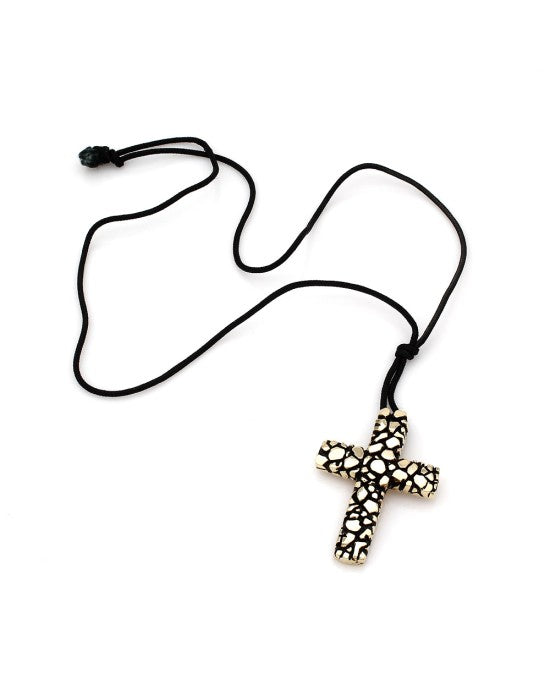 14KY Antiqued Nugget Style Cross on Cord Necklace