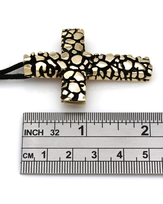 14KY Antiqued Nugget Style Cross on Cord Necklace