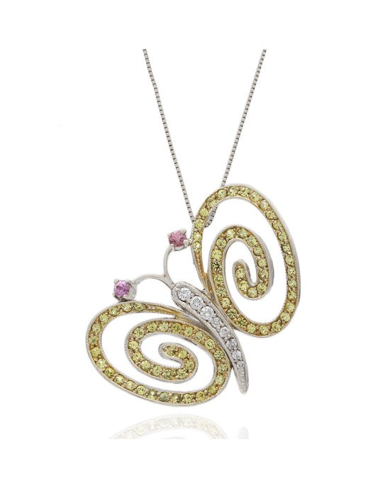 Yellow and Pink Sapphire, Diamond Butterfly Necklace