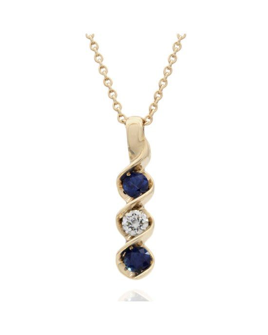 3 Stone Sapphire and Diamond Swirl Drop on Cable Chain Necklace