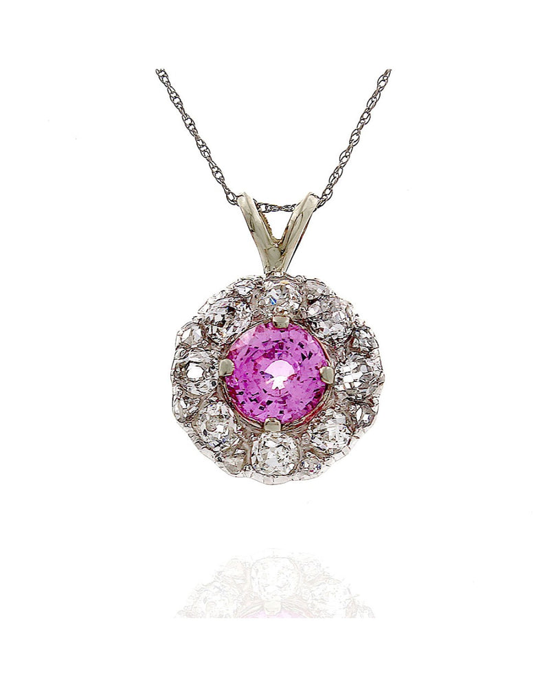 Vintage Pink Tourmaline Diamond Halo Drop Necklace