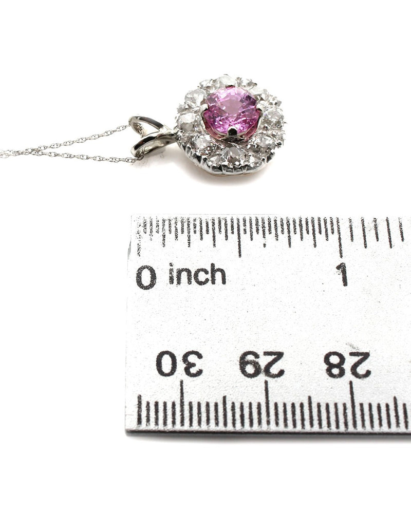 Vintage Pink Tourmaline Diamond Halo Drop Necklace