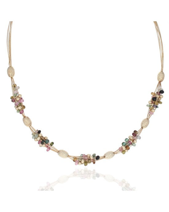 Multi Color Tourmaline and Gold Bead Wire Necklace