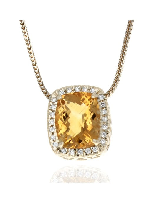 Golden Citrine and Diamond Halo Drop on Wheat Chain Necklace