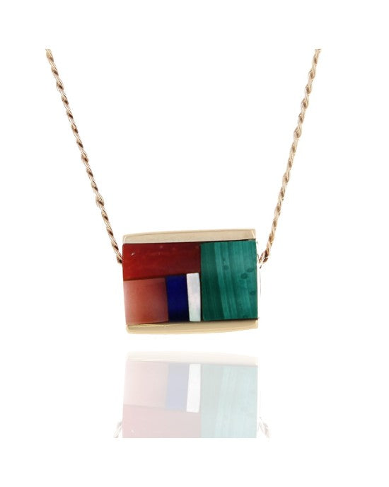 Lapis, Malachite, Mother of Pearl and Coral Cube Drop Necklace