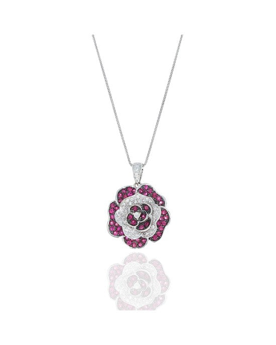 Ruby and Diamond Flower Drop Necklace