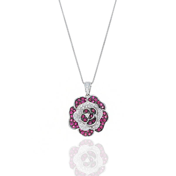 Ruby and Diamond Flower Drop Necklace