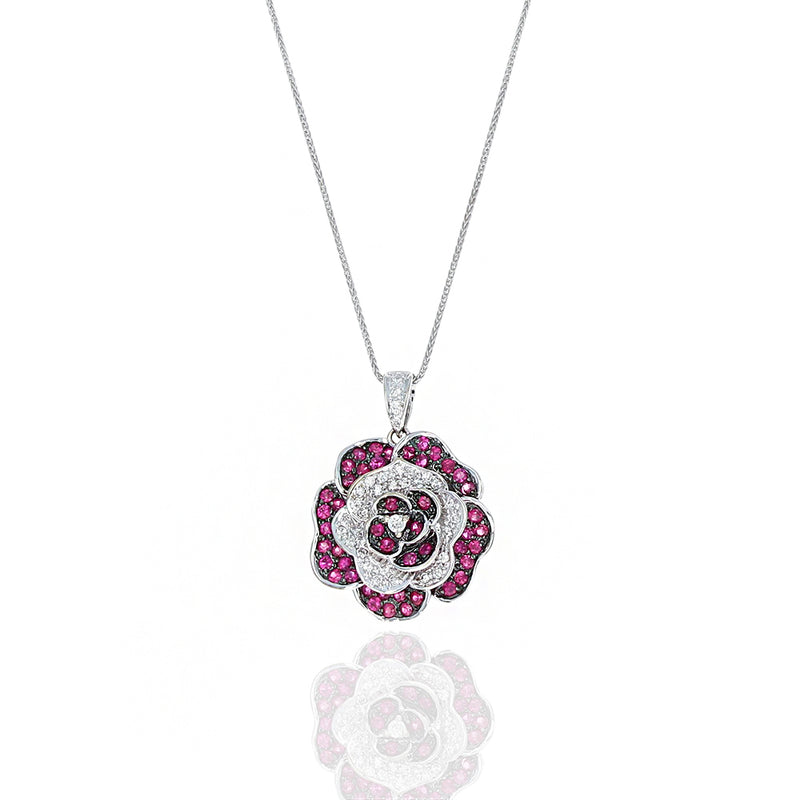 Ruby and Diamond Flower Drop Necklace